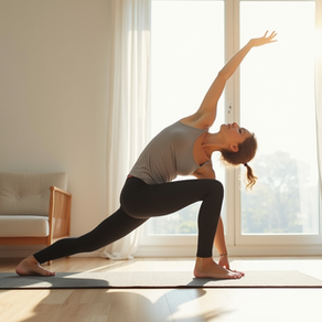 Eye-level view of a person stretching on a yoga mat in a bright room