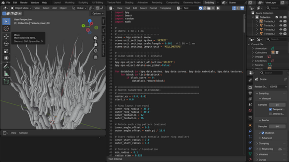 2. 3D modeling software interface with code displayed.