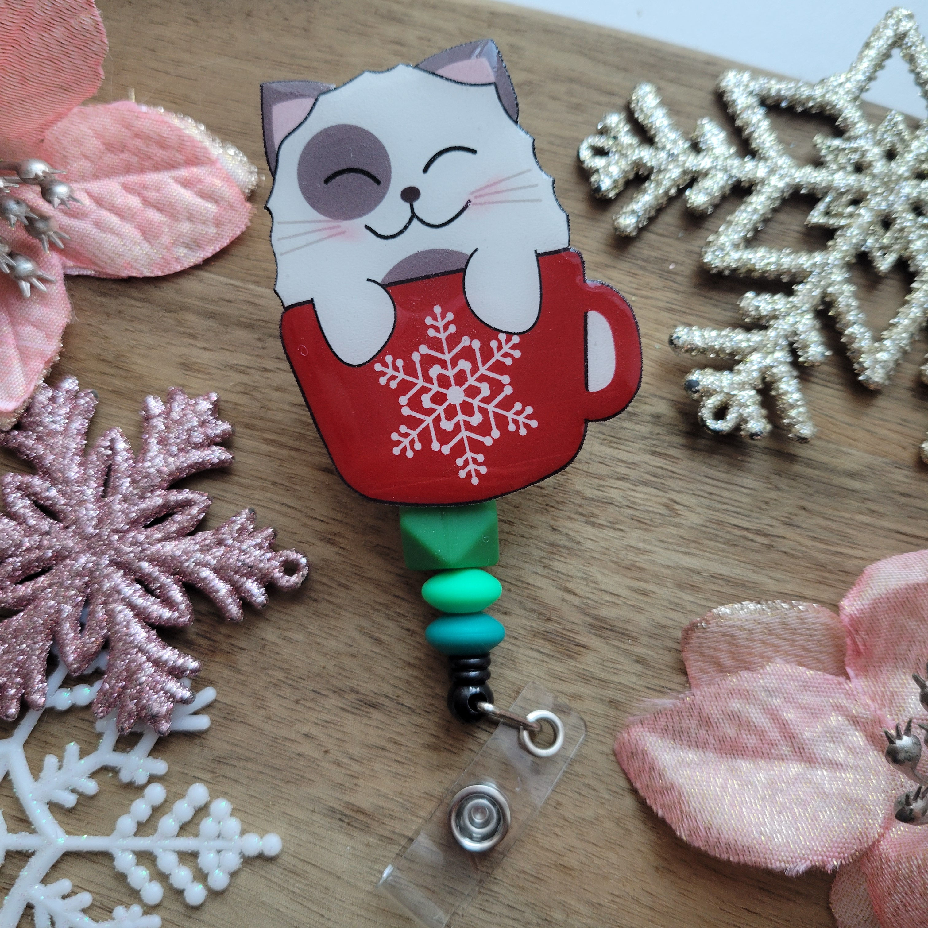 White Cat - Red Winter Mug - Badge Reel