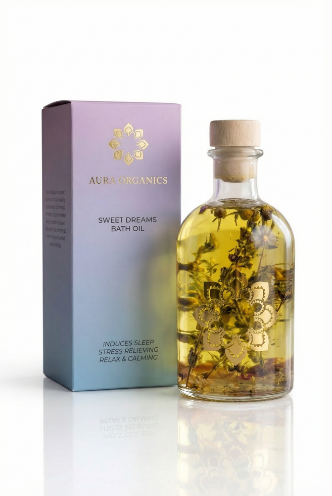 Luxury lavender bath oil by Aura Organics with dried botanicals in glass bottle and gift box