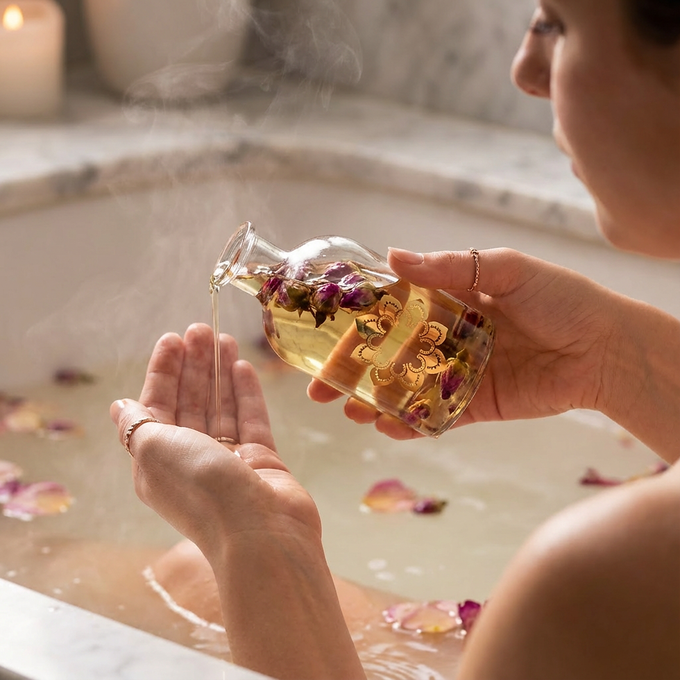 Aura organics rose bath oil being poured into relaxing bath