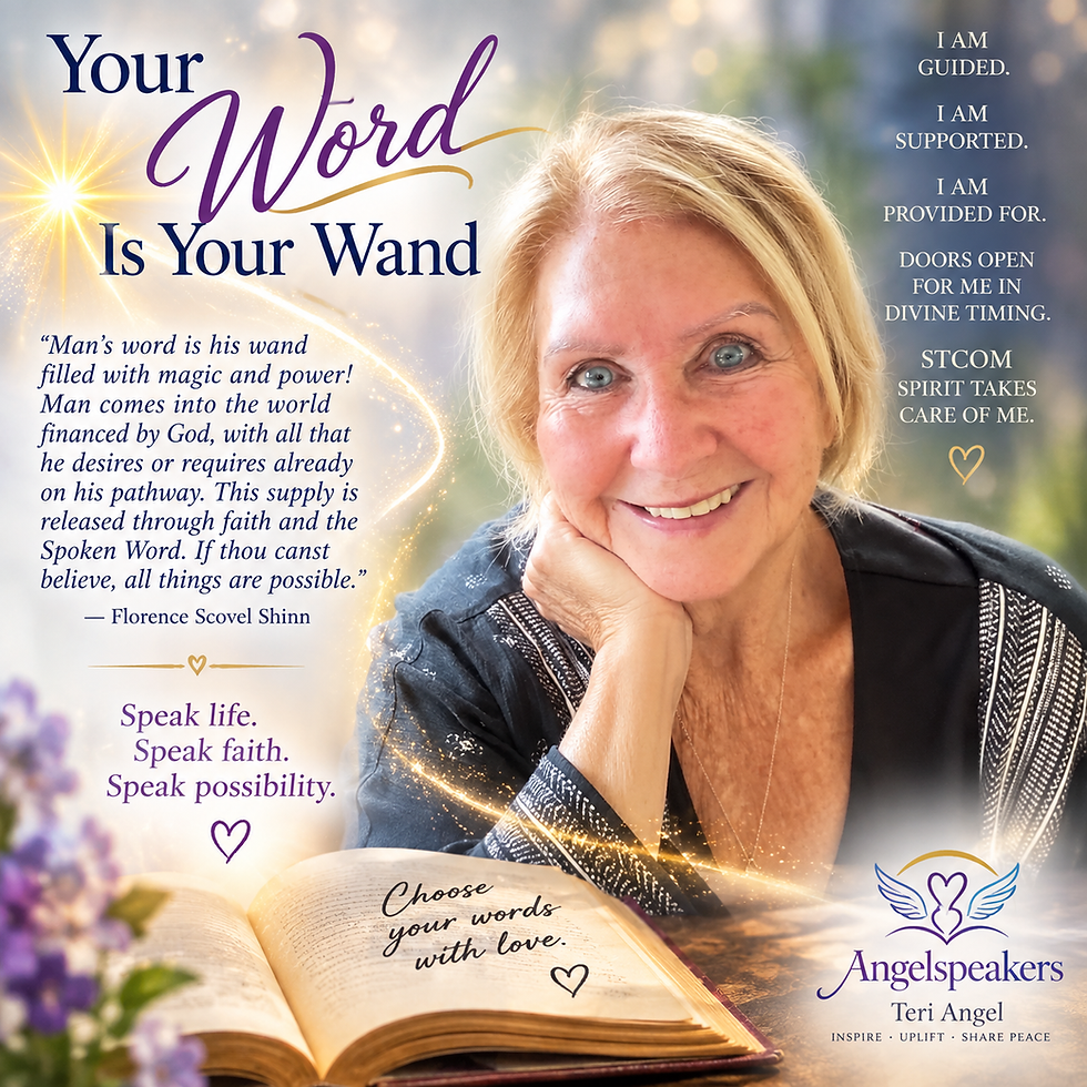 Smiling older woman beside an open book and glowing faith poster reading Your Word Is Your Wand with quotes and hearts.