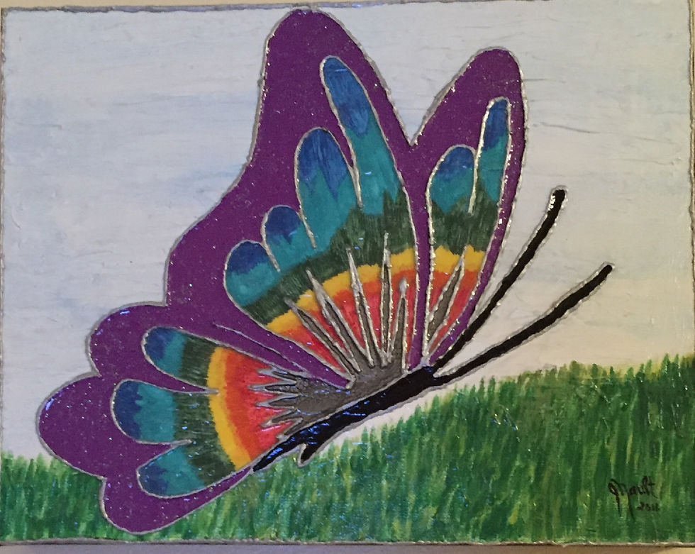 Colorful butterfly with purple, blue, and orange wings on green grass. Set against a light blue sky. Signature visible at bottom right.