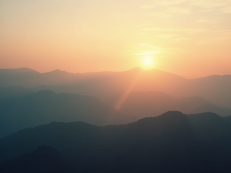 Sunrise over layered mountain ridges in warm orange haze, calm and misty landscape.