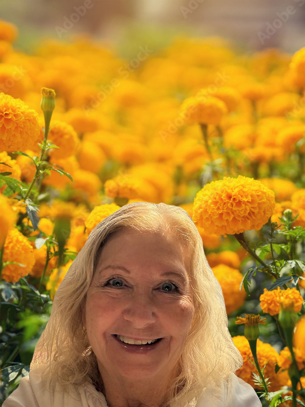 Smiling woman amidst vibrant orange marigolds, under soft sunlight. Warm, cheerful mood in a field with lush green foliage.