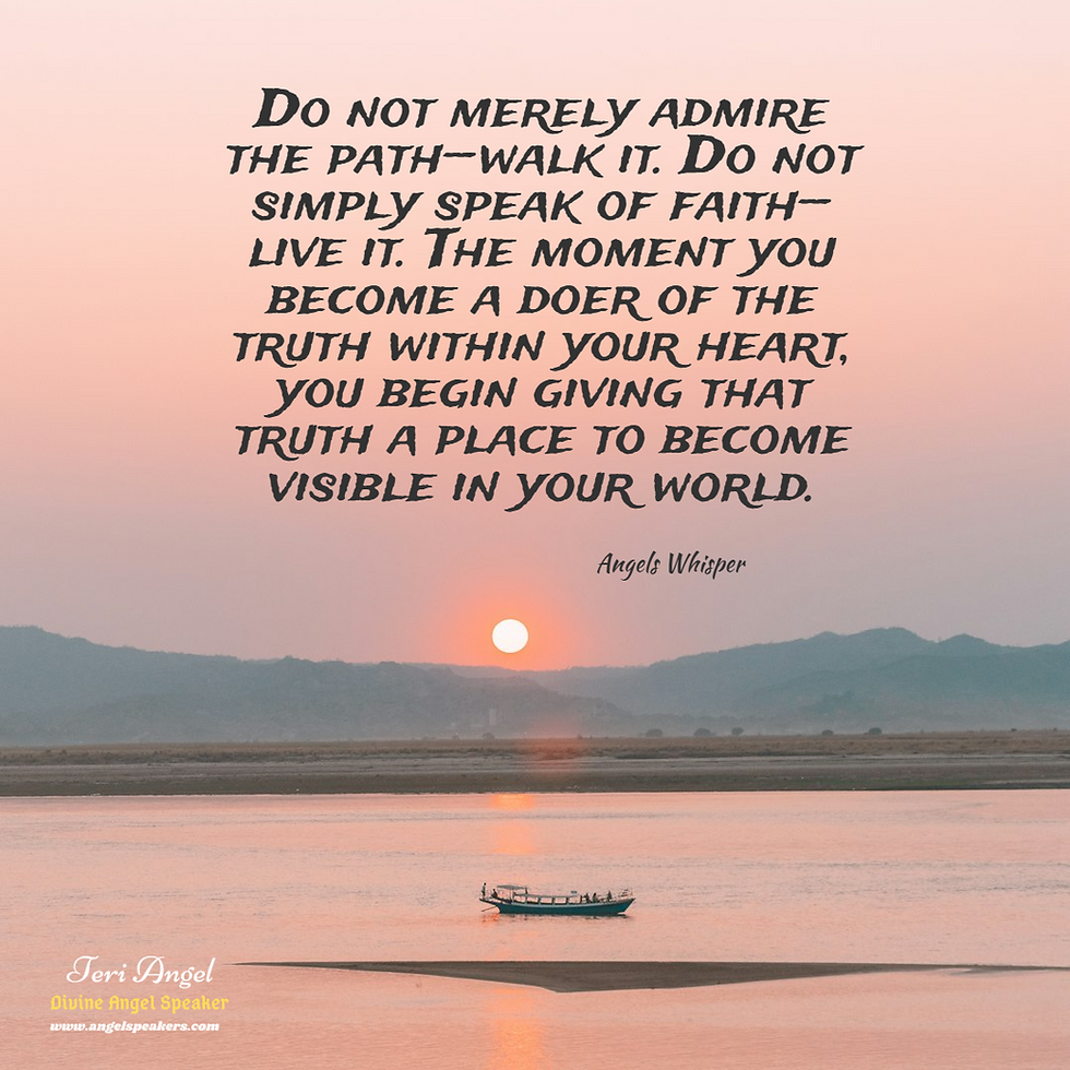 Sunset river scene with small boat and mountains; motivational quote by Angels Whisper about faith and action.
