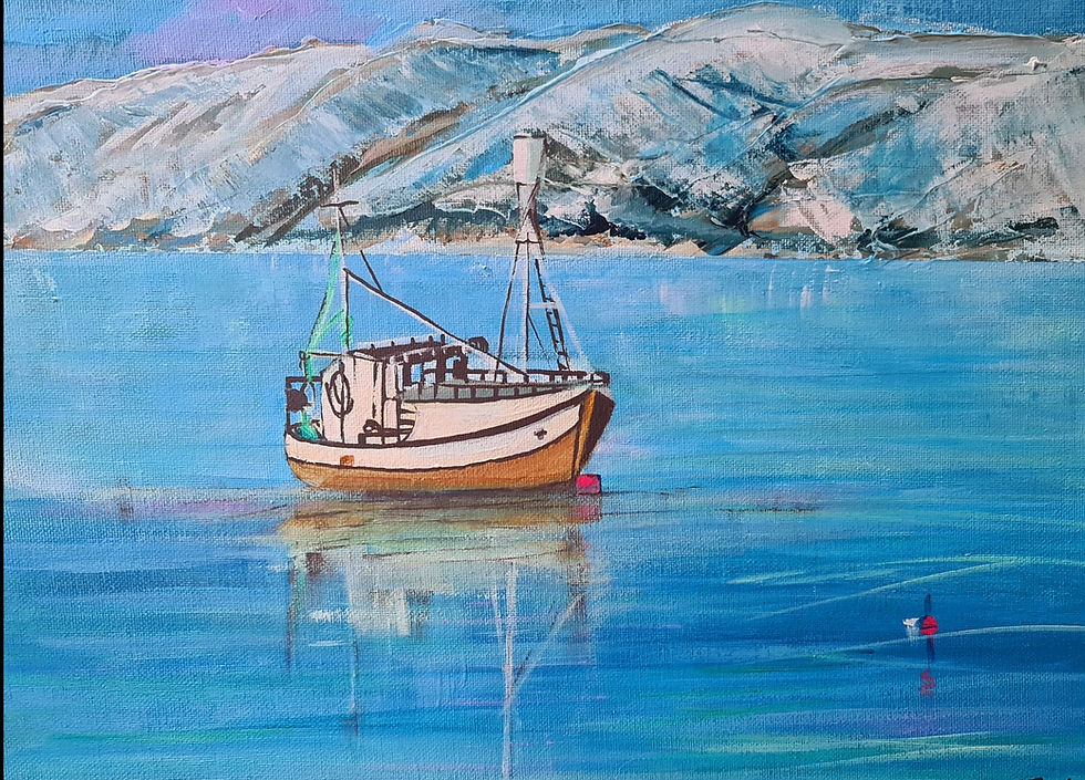 A quiet northern harbor, where food, weather, and survival have always depended on more than shelves and supply chains. Painting by E. Forsberg