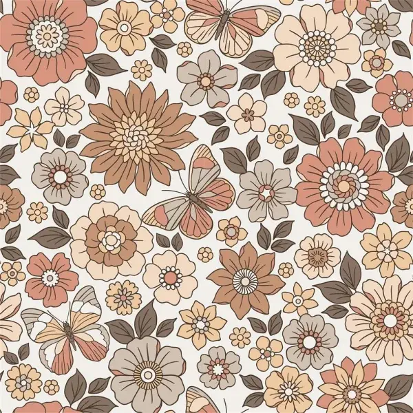 Miniaturbild: Baumwolljersey Retro Herbstblumen und Schmetterlinge