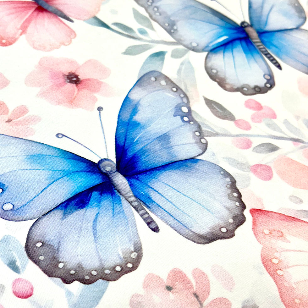 Miniaturbild: Eigenproduktion Baumwolljersey Schmetterlinge Rosa & Blau, XL Überbreite