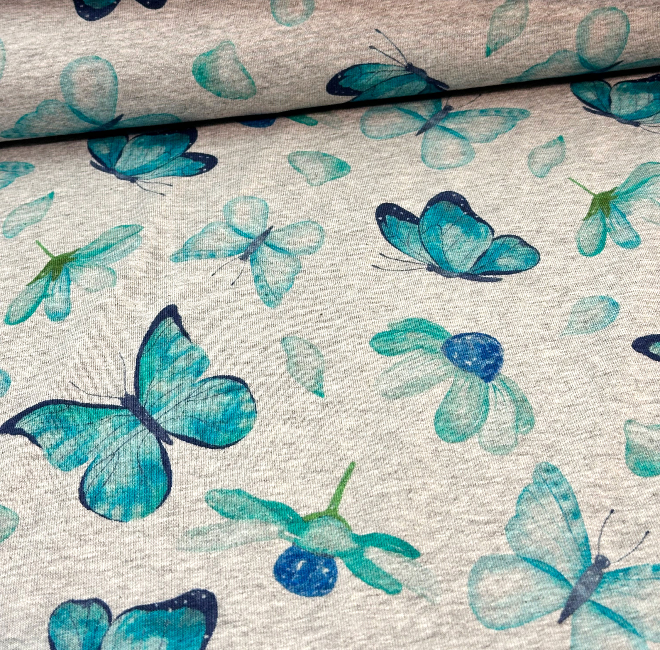 Baumwolljersey Spring Butterflies Türkis, Schmetterlinge, Frühling