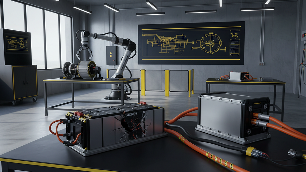 Eye-level view of a modern training room with automotive high-voltage equipment
