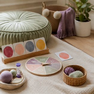 Educational toys, emotion cards, and wheel on a play rug.