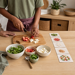 Young person developing independence through practical food preparation and kitchen skills.