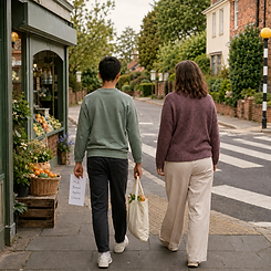 Adult and young person walking together while developing confidence and independence in the community.