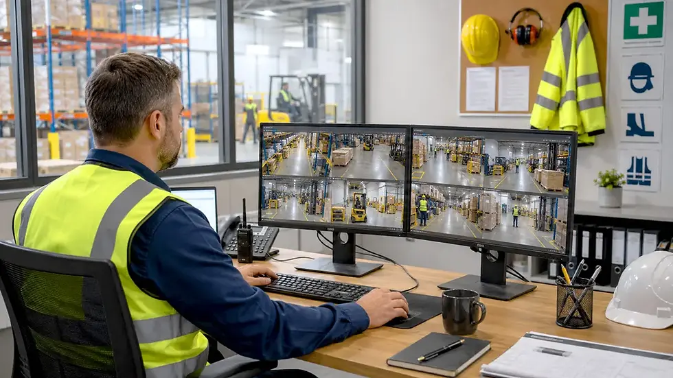 EHS manager at workstation reviewing AI CCTV safety monitoring flagged events and zone alert dashboard