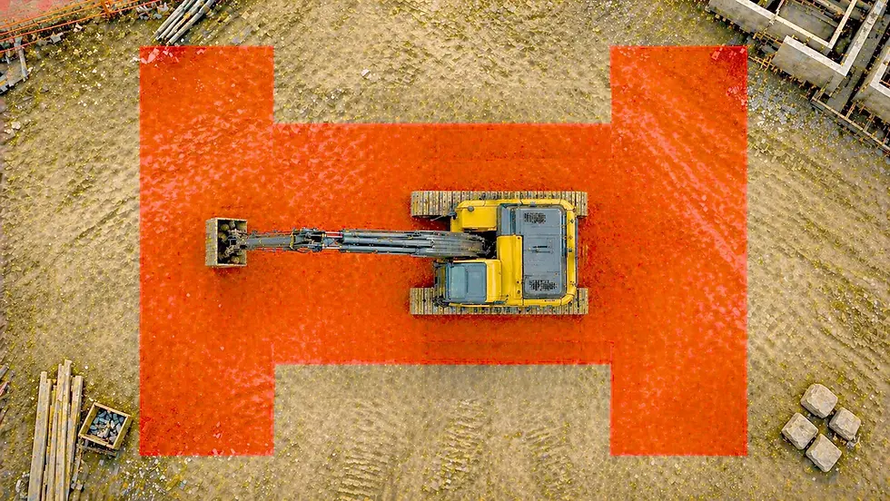 RioV360 AI pedestrian detection for excavators showing camera placement and detection zone coverage