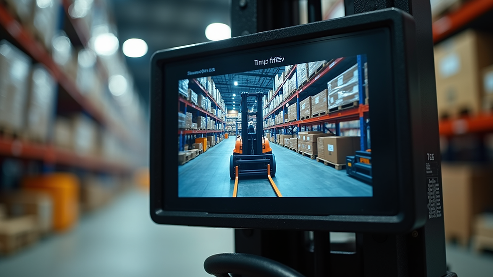 Close-up view of forklift monitor displaying 360-degree camera feed