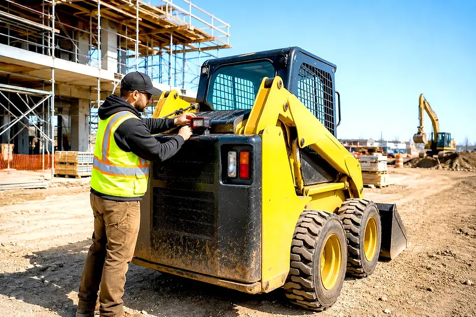 AI pedestrian detection for skid steers — RioV360 validation unit installed on skid steer at active construction site with technician standing nearby