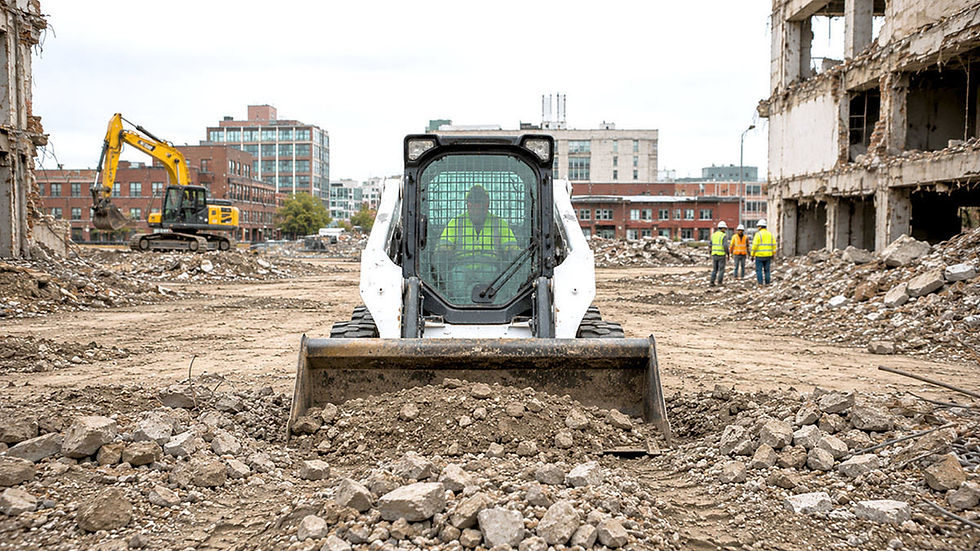Skid steer working at a busy construction site