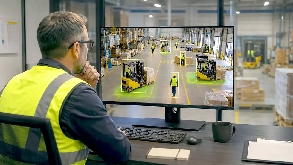 Safety manager reviewing multiple facility camera feeds on a monitor in an industrial setting.