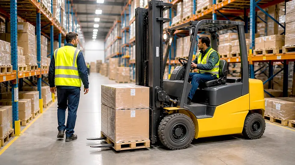 Forklift and pedestrian worker in close proximity in warehouse aisle showing need for forklift AI pedestrian detection system