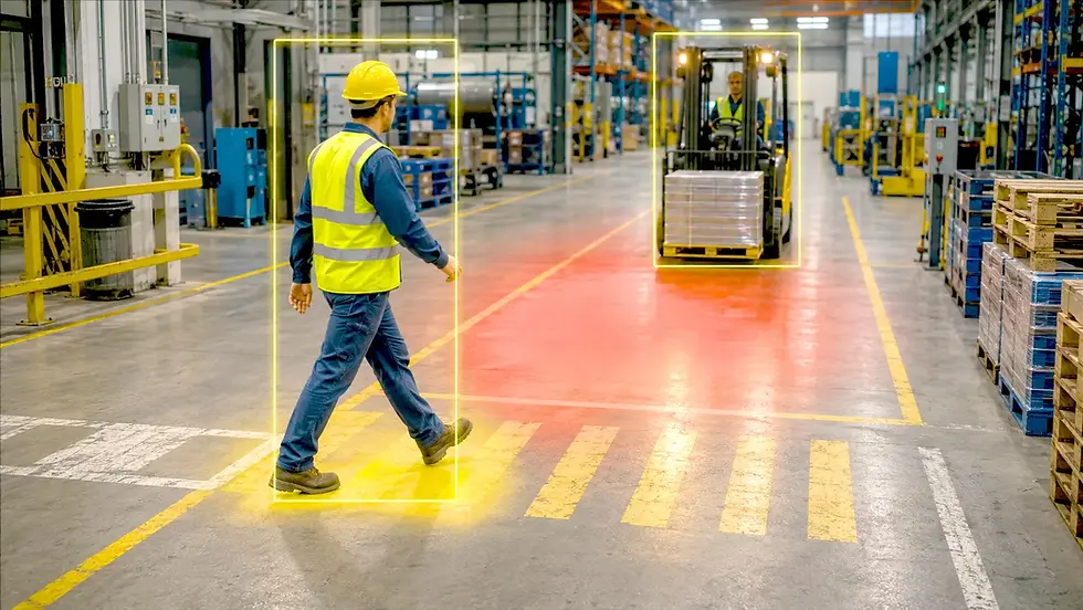 Worker on foot stepping into a forklift travel lane in a manufacturing facility.