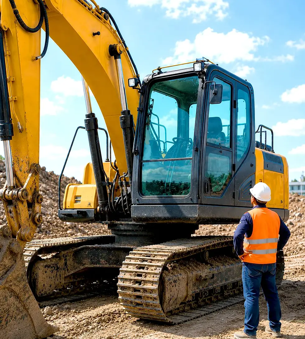 AI pedestrian detection for excavators — RioV360 cameras mounted on roof of tracked excavator at active construction site