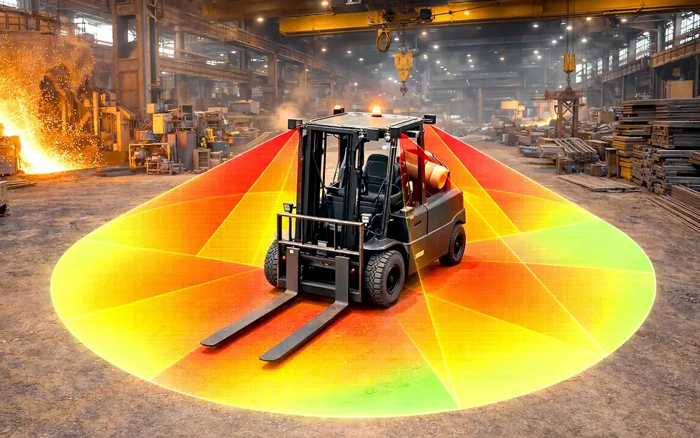 forklift in a steel mill with 360° ai pedestrian detection shield