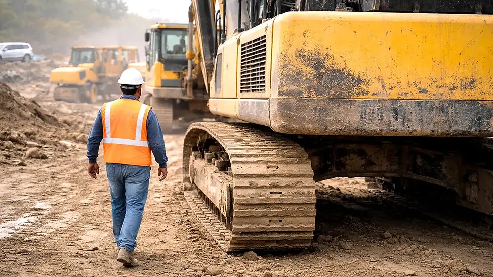Construction worker on foot near the rear blind zone of a large yellow excavator on an active job site, illustrating the core pedestrian detection challenge for 360° AI vision systems for heavy equipment