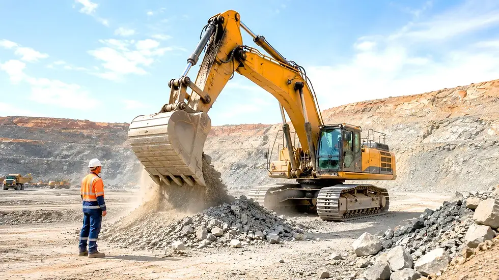 Mining excavator at loading face illustrating pedestrian detection systems for mining coverage requirements