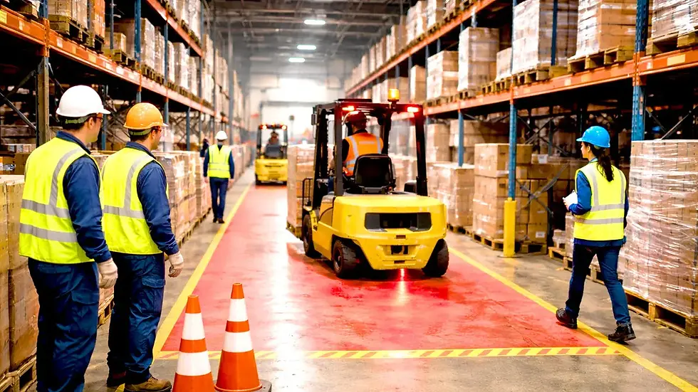 forklift pedestrian detection dealer program showing workers and forklifts sharing space in facility