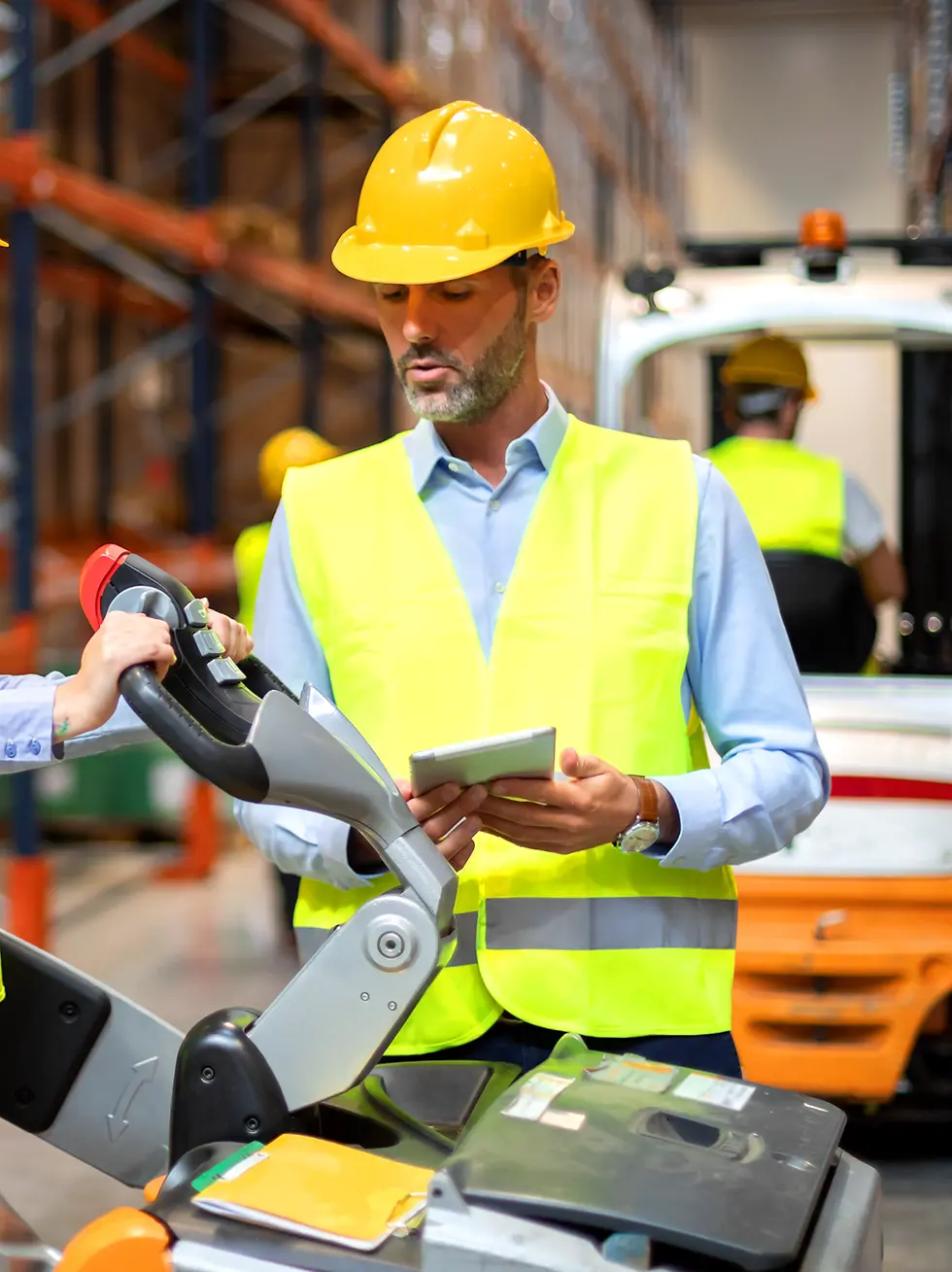 EHS manager reviewing forklift pedestrian detection system data