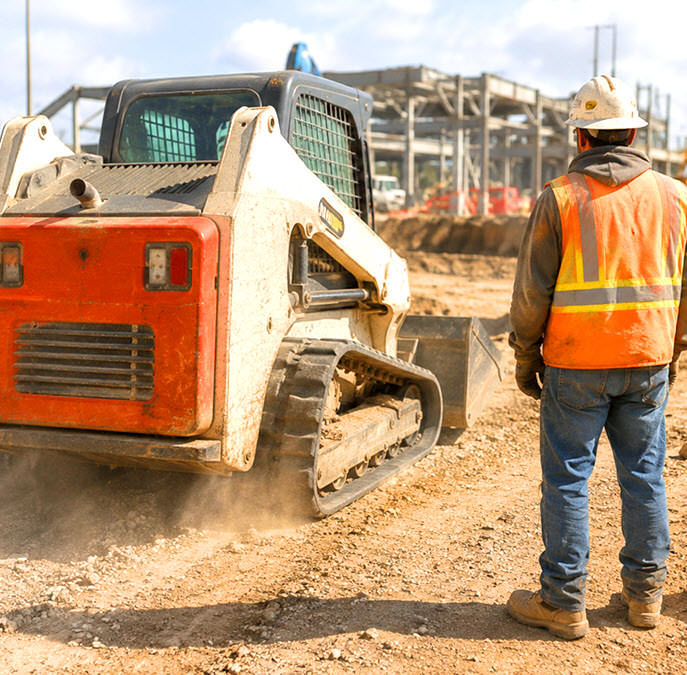 skid steer operating near a worker