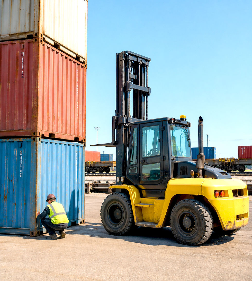 AI pedestrian detection for heavy-duty forklifts — heavy-duty forklift at container stack in intermodal rail yard with single worker crouching nearby
