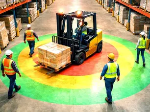 Forklift operating near pedestrians in a warehouse blind spot, illustrating limited operator visibility and collision risk.