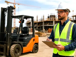 EHS manager evaluating a forklift pedestrian detection system at a construction site.