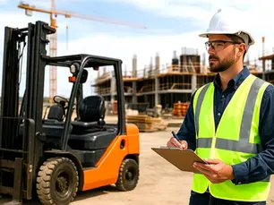 EHS manager evaluating a forklift pedestrian detection system at a construction site.