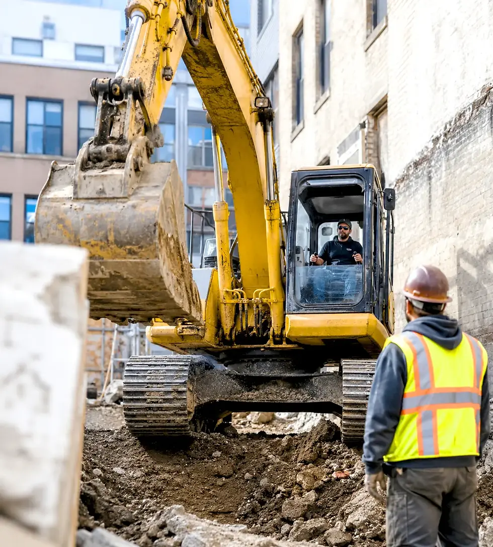 AI pedestrian detection for excavators — ground level view of excavator swinging near a worker on foot at an urban construction site