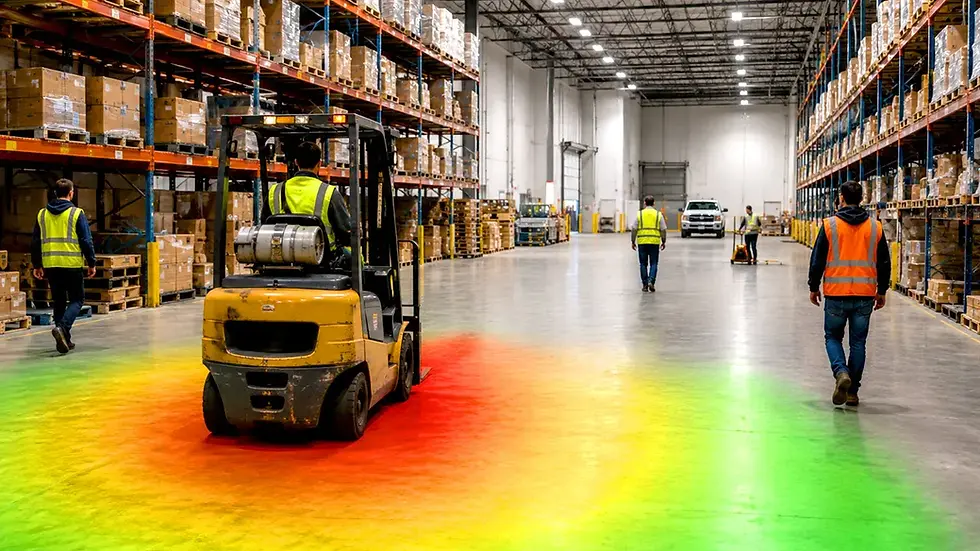 Pedestrian detection technology types showing coverage requirements in a large warehouse aisle with forklift and multiple workers