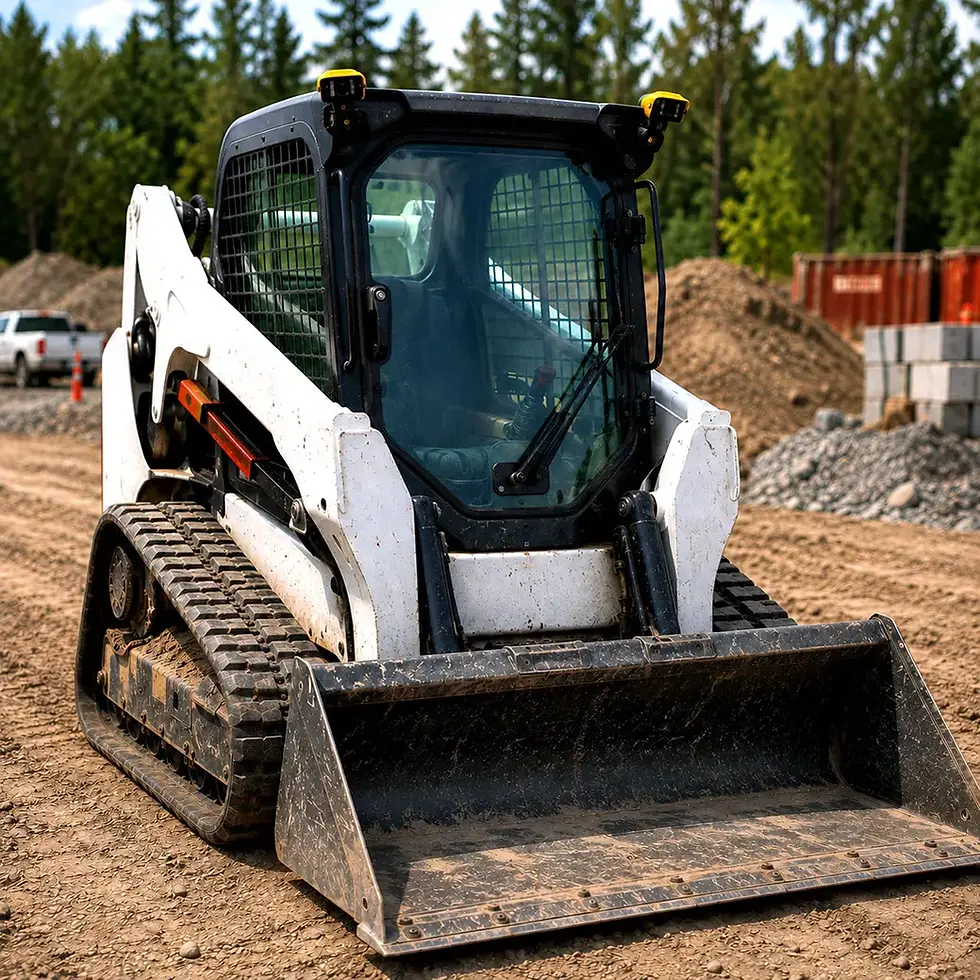 Skid Steer Safety Camera System illustration showing rear engine-compartment and side lift-arm detection zones