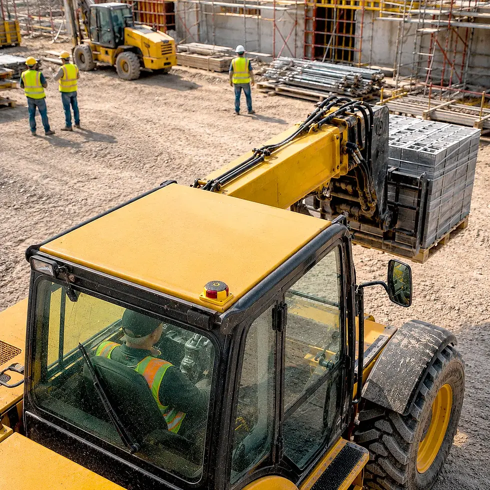RioV360 external flashing beacon — yellow housing, red flash lens, 120dB voice alert for ground workers on heavy equipment