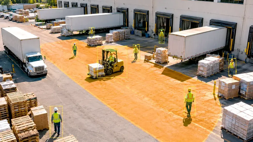 A busy loading dock area with mixed foot and vehicle traffic, a typical first pilot zone.