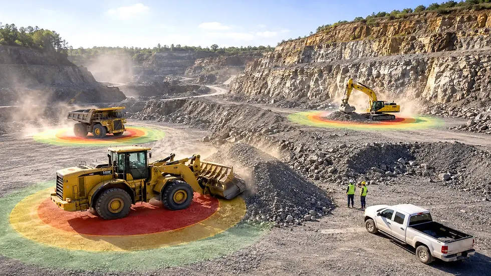 Heavy equipment working a stockpile on an active quarry bench where mining and quarry pedestrian detection matters