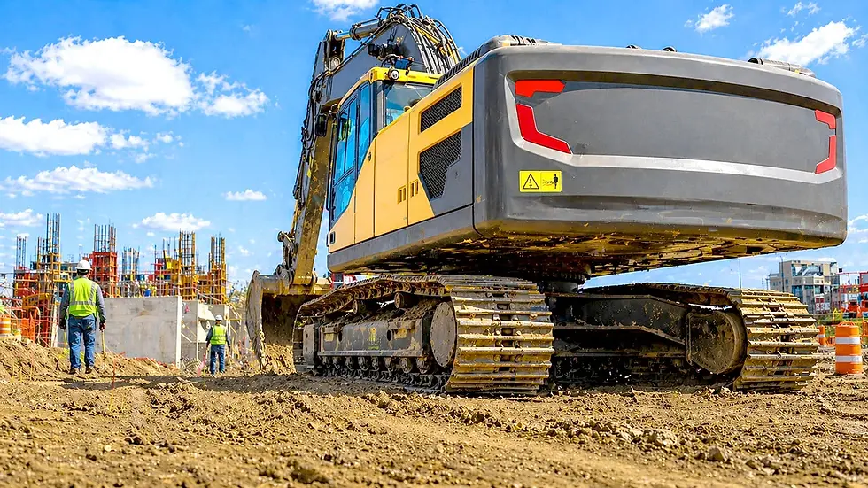 Excavator tail swing blind spot zone where AI pedestrian detection for excavators provides critical coverage