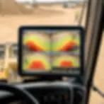 360 camera for heavy equipment in-cab monitor showing four-quadrant perimeter view