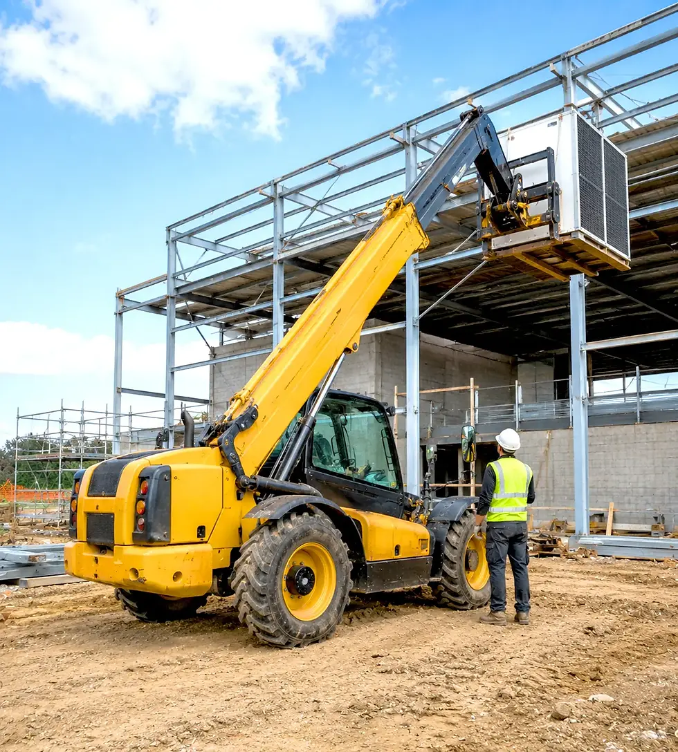 AI pedestrian detection for telehandlers — RioV360 validation unit installed on telehandler at active construction site with technician standing nearby
