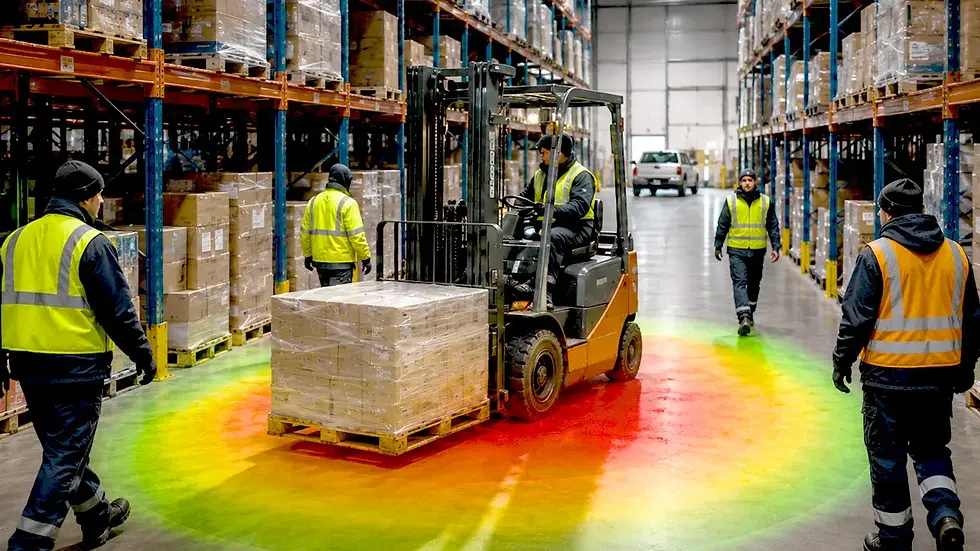 AI camera pedestrian detection reach truck showing full perimeter surround coverage zone in narrow warehouse aisle.