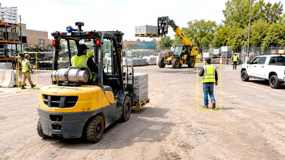 Single forklift fitted with an AI pedestrian detection camera in a working yard with a telehandler and workers