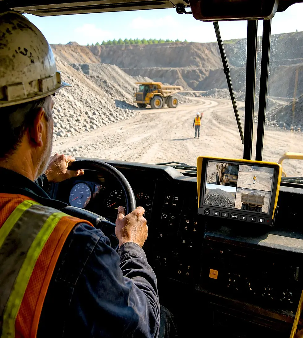 AI pedestrian detection for dump trucks — dump truck driver inside cab viewing pedestrian detection monitor at active mining operation