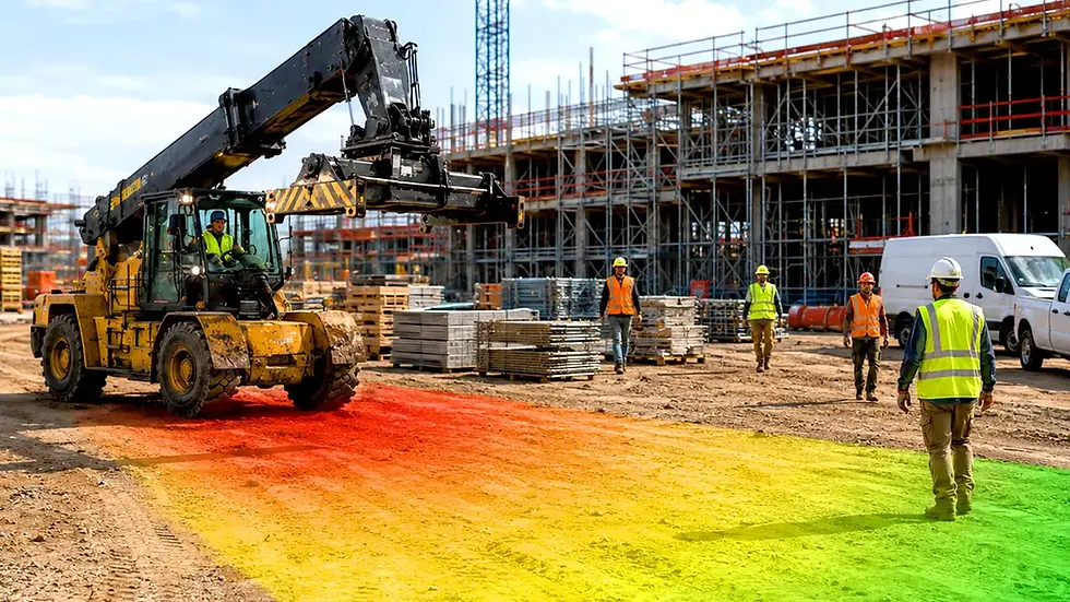Pedestrian detection technology types at a construction site with telehandler and workers in mixed-traffic zone